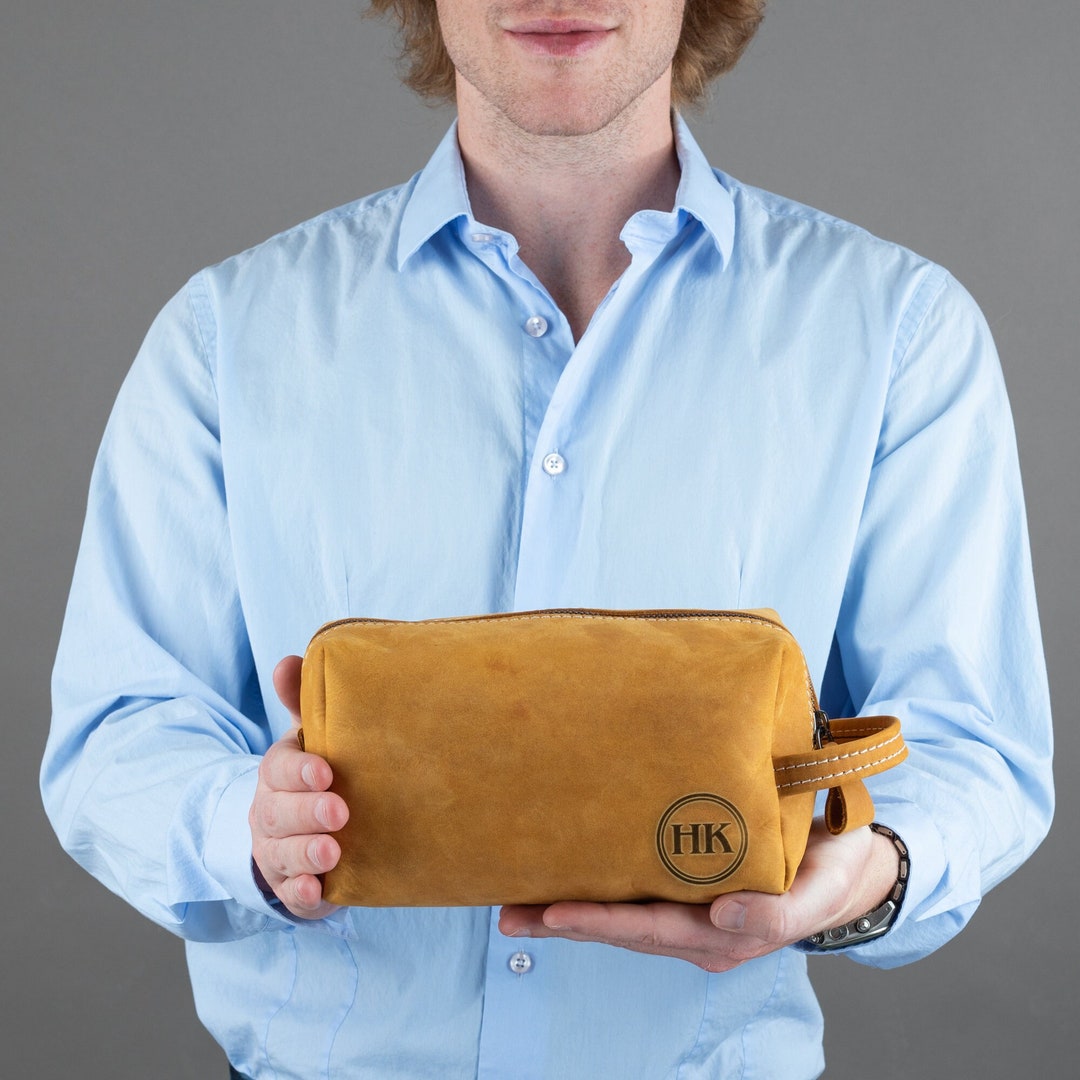 Personalized Leather Toiletry Bag for Him, Dopp Kit Bag for Dad
