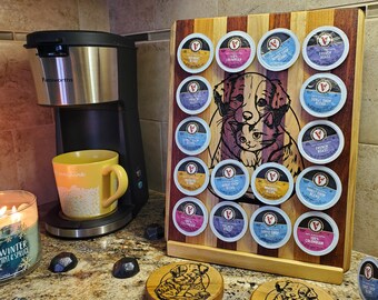 Hardwood K-Cup Holder: Puppy & Kitten Design, Coffee Bar Storage