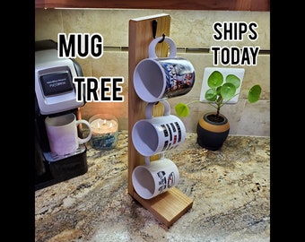 Solid Oak Coffee Mug Tree: Rustic Coffee Bar Storage