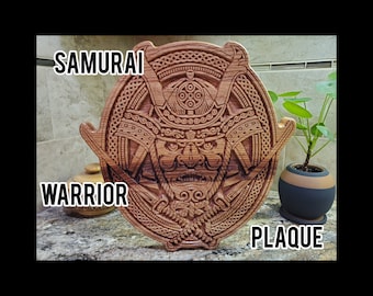 Engraved Oak Samurai Warrior Plaque: Japanese Art, Military Gift