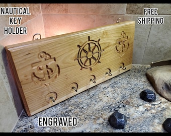 Rustic Wood Key Holder: Engraved Nautical Wall Mount