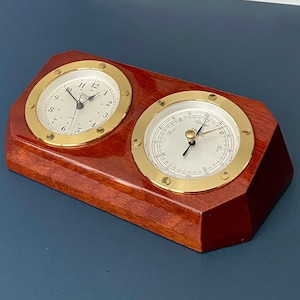 Vintage Weems & Plath Náutico Latón y Madera Reloj y Barómetro conjunto para escritorio o pared