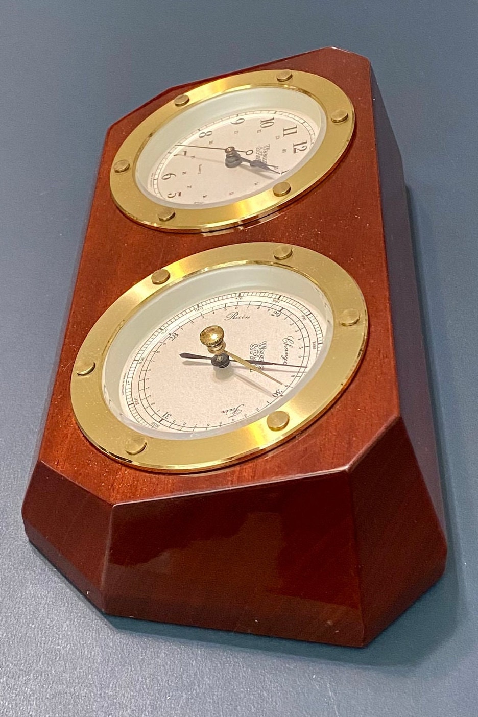 Vintage Weems & Plath Nautical Brass and Wood Clock and Barometer Set