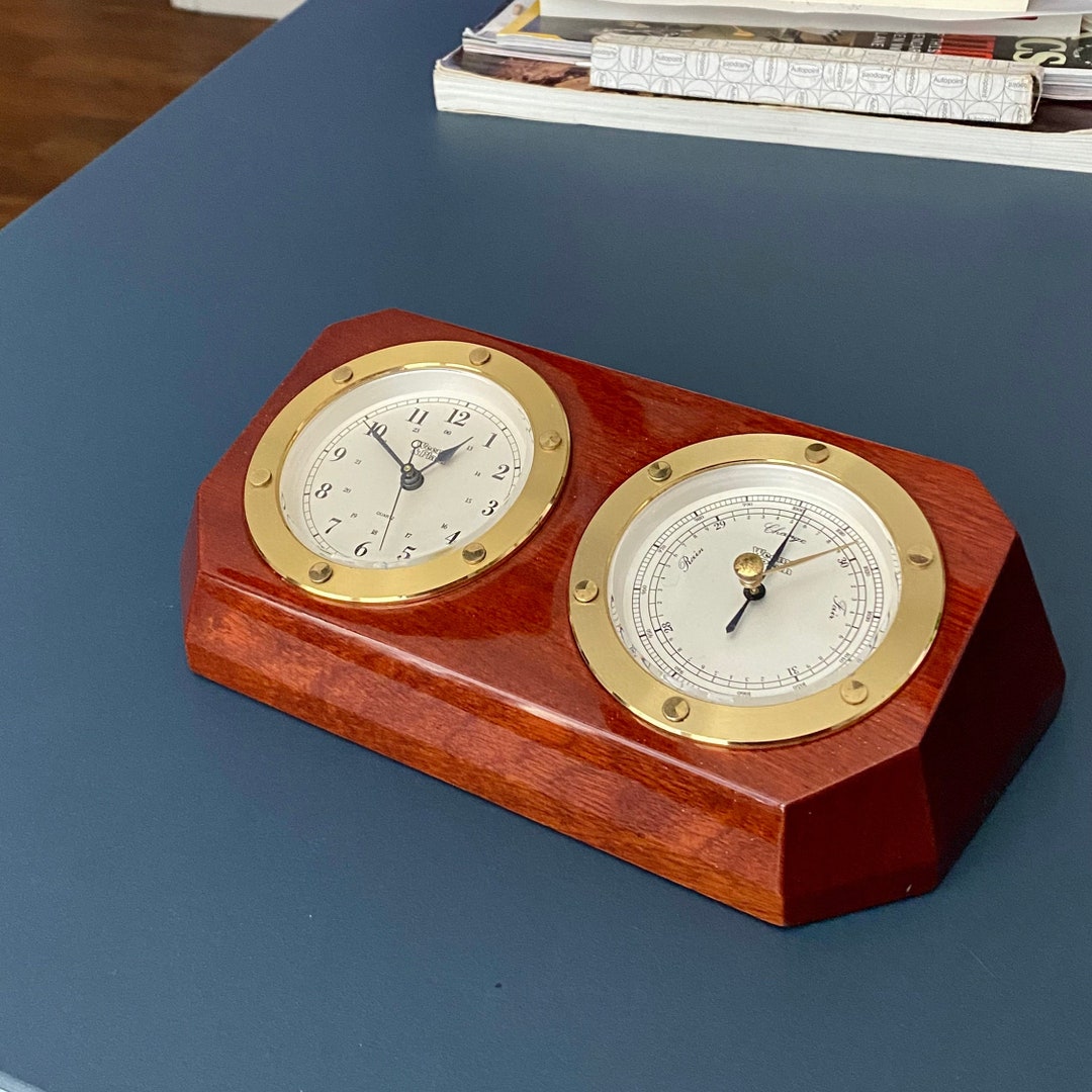 Vintage Weems & Plath Nautical Brass and Wood Clock and Barometer Set