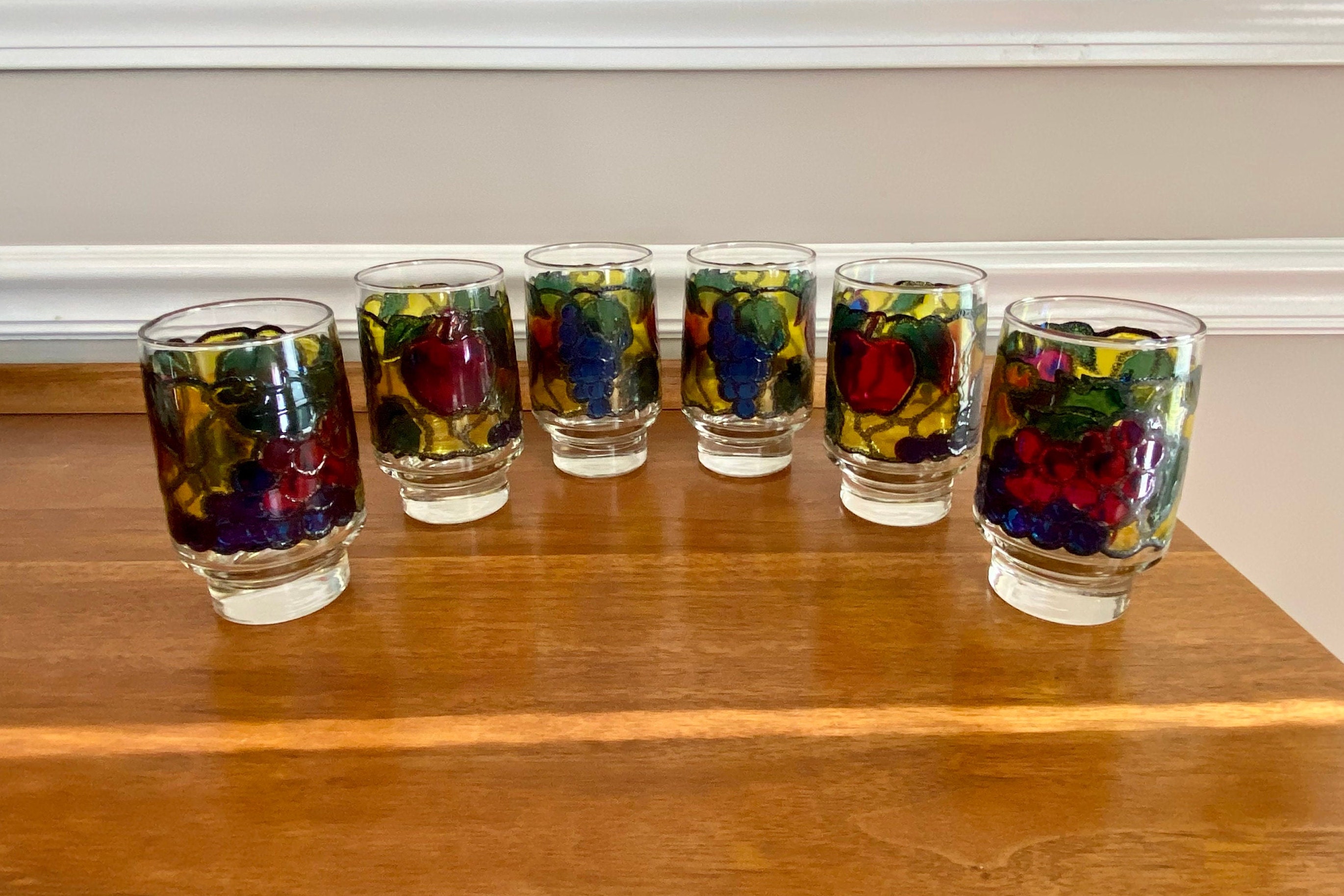Vintage Stained Glass Fruit Motif, Set of 8 MCM Cups, Cups With