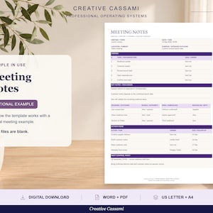 May include: A digital meeting notes template document featuring sections for agenda, key notes, decisions, and action items. The layout includes purple headers and text fields. The document is displayed alongside a text box labelled Example in Use.