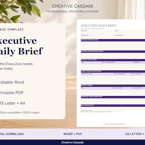Op de afbeelding: Een eenpaginasjabloon voor een Executive Daily Brief met secties voor executive aandacht, materiële wijzigingen, beslissingen, toezeggingen en lopende zaken. Het document heeft een overzichtelijke lay-out met paarse koppen en tekst, beschikbaar in US Letter en A4-formaat.
