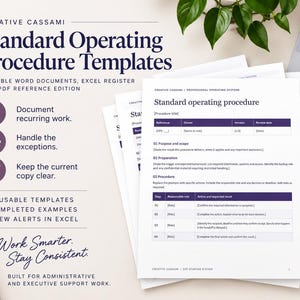 May include: A set of Standard Operating Procedure templates featuring dark purple text on white paper. The documents include tables for procedure titles, references, owners, versions, and review dates, alongside sections for purpose, scope, preparation, and steps.