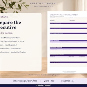 May include: A digital template titled Executive Meeting Prep Brief by Creative Cassami. The document features sections for meeting topics, participants, purpose, and outcomes, with purple headers and lines for notes on a white background.