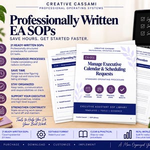 May include: A collection of professionally written Standard Operating Procedures for executive assistants, featuring the title Manage Executive Calendar & Scheduling Requests, with 21 ready-written templates, editable formats, and clear, practical steps.