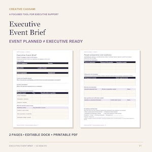 May include: A two-page Executive Event Brief template featuring sections for event snapshots, executive participation, key timing, and people preparation. The document includes tables for tracking stakeholders, talking points, and readiness checklists.
