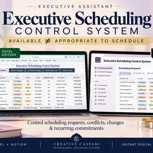 May include: An Executive Scheduling Control System digital template displayed on two laptop screens. The left screen shows an Excel spreadsheet, and the right screen shows a Notion dashboard, both featuring task lists, status, priority, and due dates.