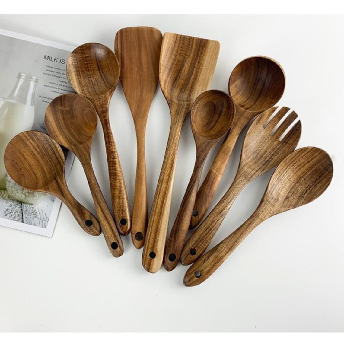 11 Pieces Teak Wooden Kitchen Utensil Set Handmade Nonstick Etsy