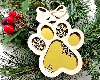 Personalized Dog Paw Christmas Ornament: Engraved Wood & Acrylic
