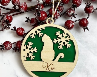 Personalized Cat Christmas Ornament: Engraved Wood & Acrylic