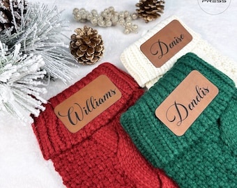 Personalized Christmas Stockings With Leather Patch, Custom Stocking,  Knit Stocking , Leather Patch Name Stockings