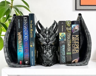Hand-Painted Winged Dragon Bookend: 3D Printed Fantasy Book Shelf Decor