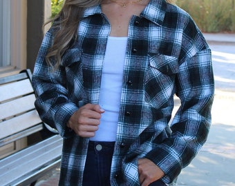 Plaid Teal Button Down Flannel Shirt Jacket with Curved Hem