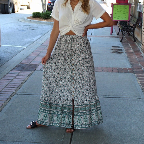 Bohemian Spring Maxi Skirt, Long Floral Maxi Skirt, Summer Floral Skirt , Full Length Maxi Skirt, Summer Skirt , Summer Skirt