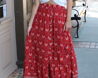 Bohemian Spring Maxi Skirt, Long Bohemian Summer Skirt, Bohemian Red Floral Print Maxi Skirt / Floral Skirt / Summer Skirt / Spring Skirt