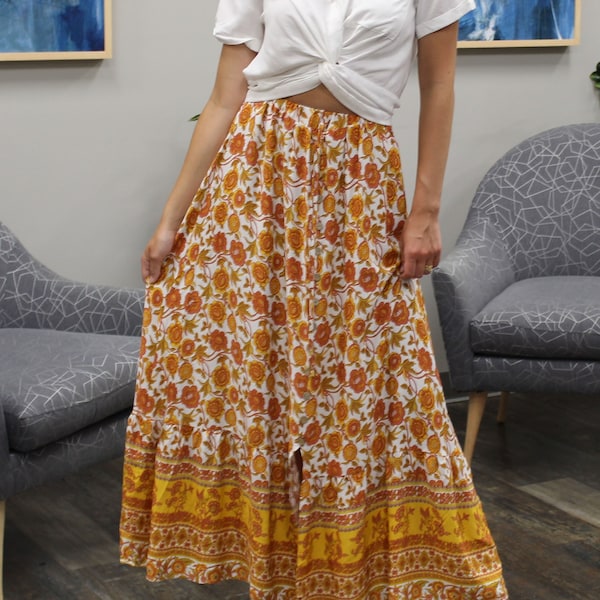 Bohemian Spring Maxi Skirt, Spring Fashion Bohemian Orange and Yellow Floral Print Maxi Skirt / Summer Floral Skirt / Summer Skirt