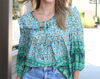 Bohemian Floral Contrast Print Tie Neck Blouse / Spring Blouse / Boho Shirt