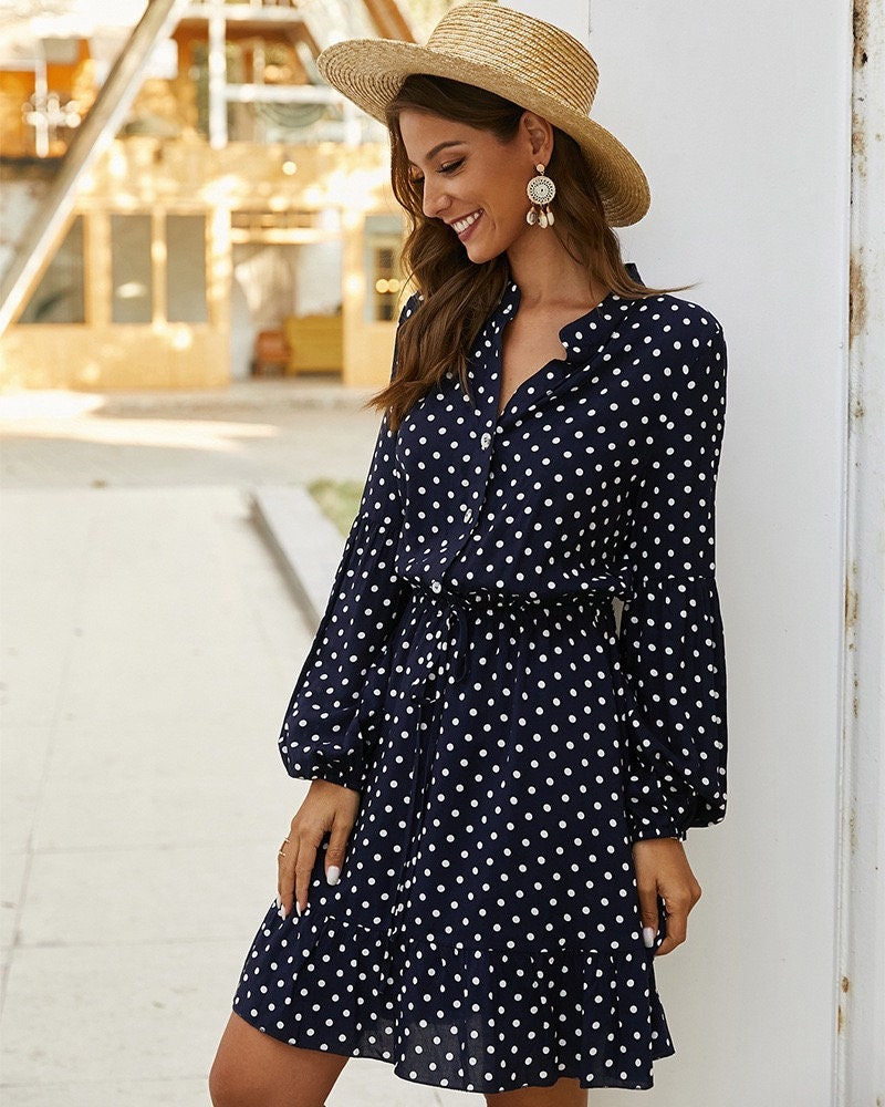 Fiona Navy Blue Polka Dot Long Sleeve Mini Dress / Summer to - Etsy