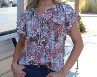 Bohemian Flutter Sleeve V-Neck Casual Top - Summer Blouse / Boho Shirt