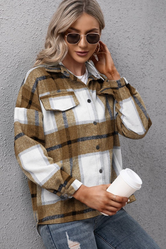Plaid Button Down Flannel Shirt Jacket 