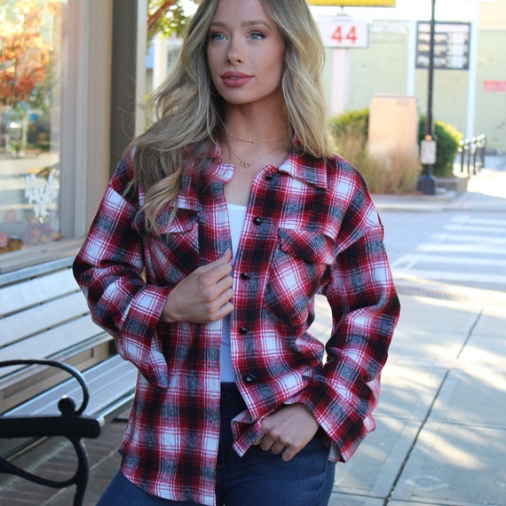 Plaid Flannel Shirt Red Button Down Flannel Shirt Jacket With Curved Hem  Plaid Shirt Jacket With Front Pocket -  Norway