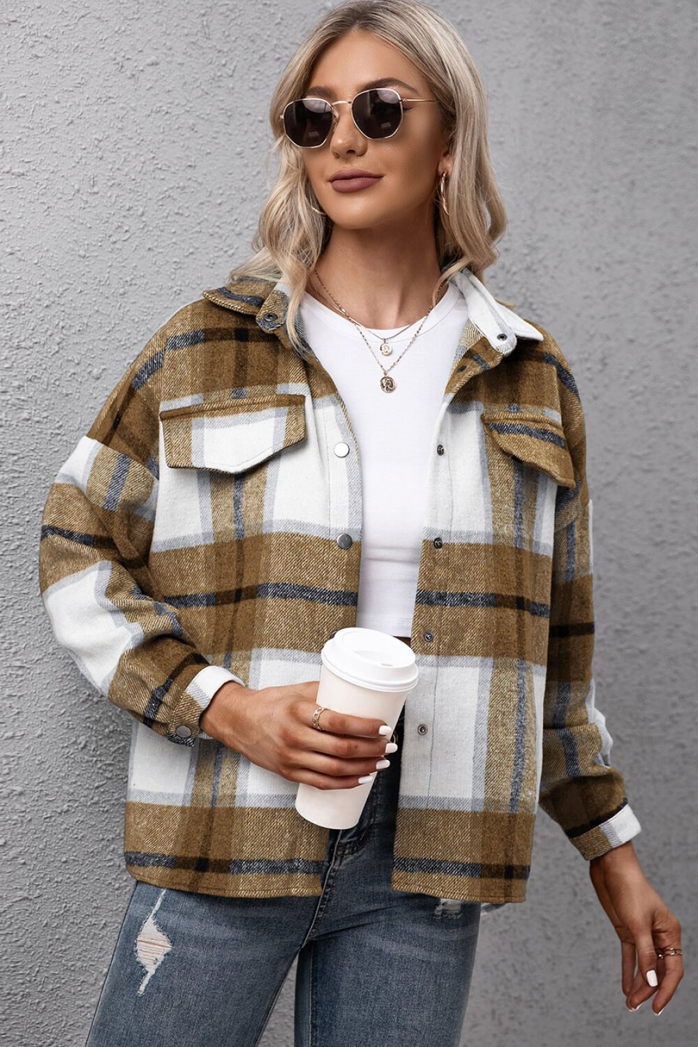 Plaid Button Down Flannel Shirt Jacket 