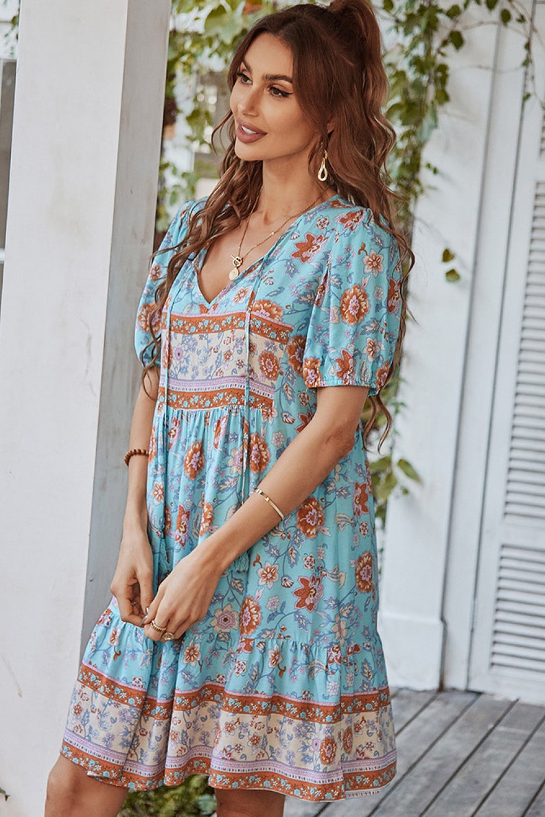 Floral Tie Neck Bohemian Mini Dress Bohemian Midi Dress Midi Etsy