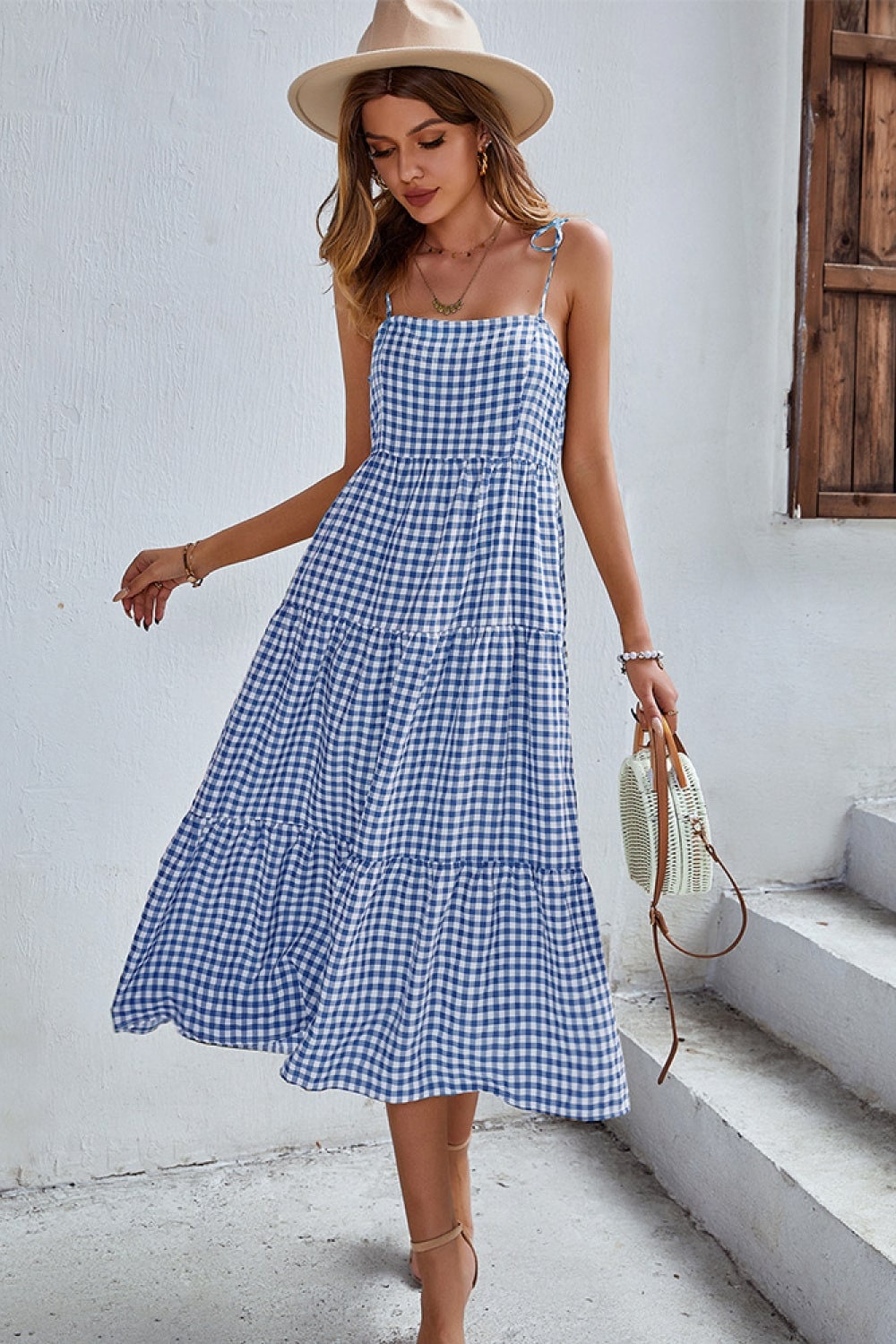 Gingham Tie-shoulder Tiered Midi Dress Plaid Midi Dress - Etsy