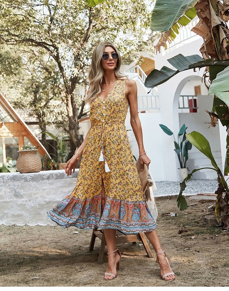 Bohemian Cottage Floral Print Dress, Cocktail Party Dresses | Boho Dresses for Women; Summer Dress for women; Summer boho dress 