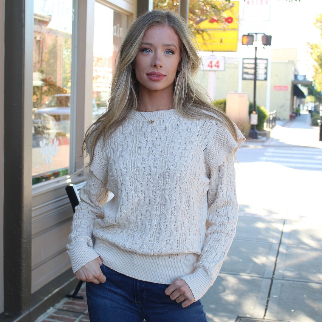 White LOVE Chenille Embroidered Cable Knit Pullover Sweatshirt