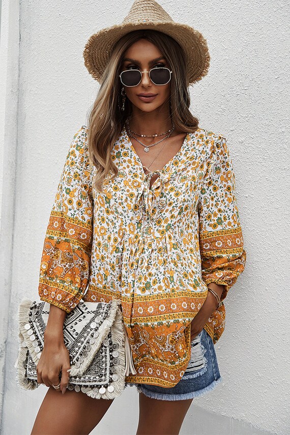 Bohemian Floral Contrast Print Tie Neck Blouse / Spring Blouse - Etsy Bohemian Floral Contrast Print Tie Neck Blouse / Spring Blouse - Etsy
