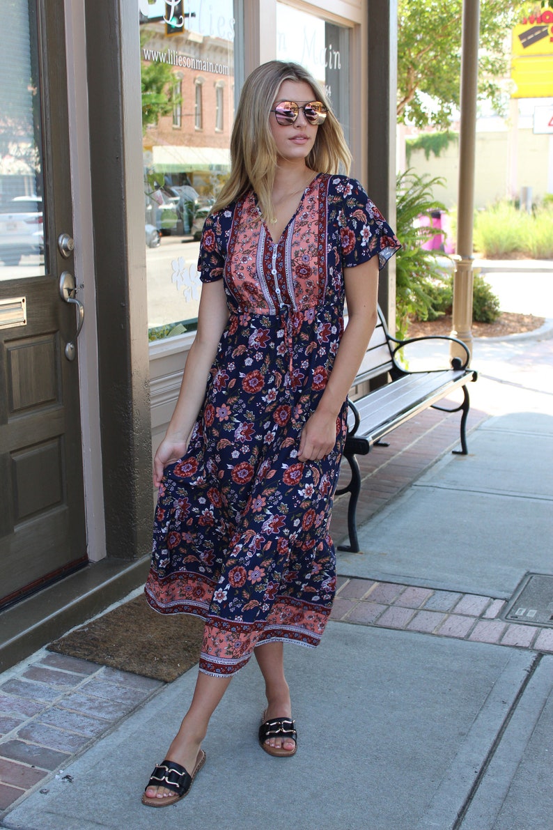 Navy Blue Floral Buttoned Drawstring Midi Dress -  Bohemian Midi Dress Midi Dress - Cocktail Party Dresses |- Boho Dresses for Women 