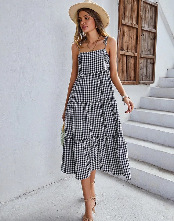 Gingham Tie-shoulder Tiered Midi Dress Plaid Midi Dress - Etsy Singapore