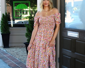 Ditsy Floral Side Slit Midi Dress / womens easter dress, Boho Dresses for Women, Spring women dress, Summer women dress