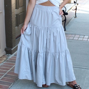 All Cotton Solid Color Tiered Maxi Skirt, Women Summer Skirt, Women Fall Skirt with side pockets, Cotton Maxi Skirt
