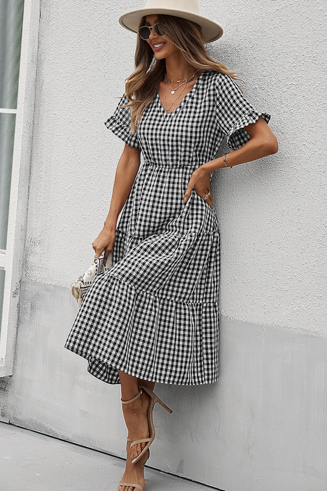 Gingham Tiered Midi Dress / Cocktail Party Dresses Boho | Etsy