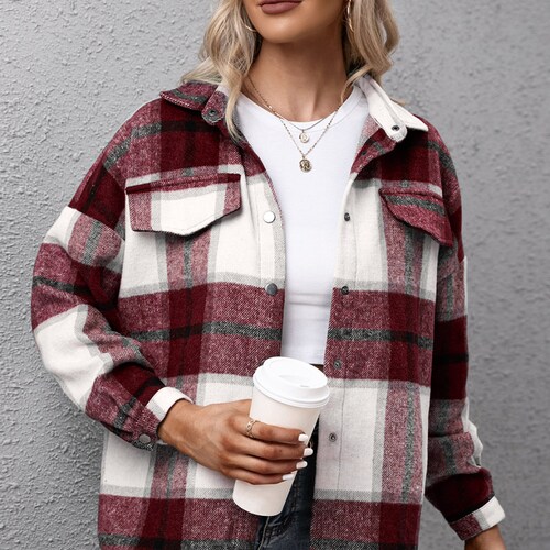Plaid Button Down Flannel Shirt Jacket 