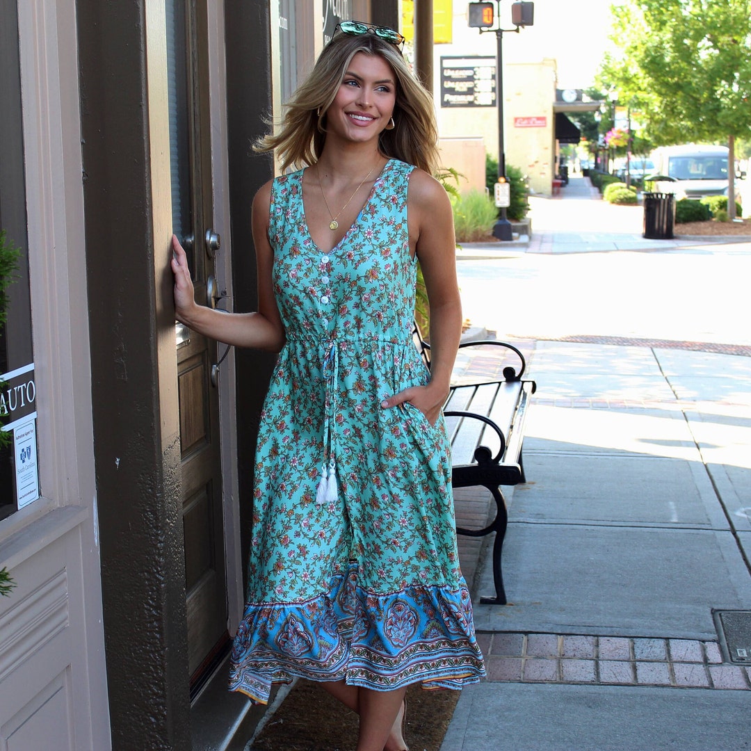 Bohemian Floral Dress, Green Floral Dress, Spring Floral Summer Dress ...