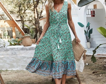 UK Summer Womens Boho Sleeveless Evening Party Beach Midi Dress Floral Sundress UK Summer Womens Boho Sleeveless Evening Party Beach Midi Dress Floral Sundress
