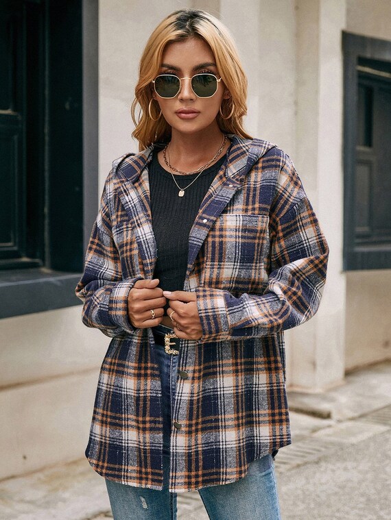 Flannel Button Down Hooded Shirt Coat 