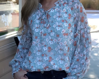 Bohemian Spring Blouse, Sage Bohemian Floral Print Tie Neck Blouse , Long Sleeve Blouse, Boho Fall Floral Shirt