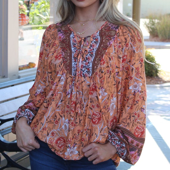 Bohemian Long Sleeve Top, Bohemian Fall Print Blouse, Long Sleeve