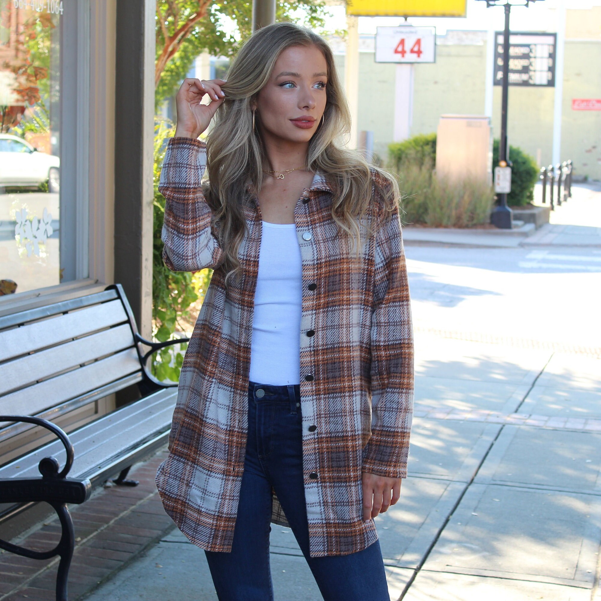 Women's Flannel Plaid Jacket Long Sleeve Button Down Chest