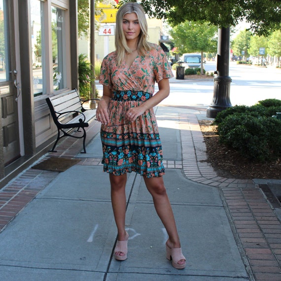 Bohemian Floral Beach Sun Mini Dress Women Spring Summer V Neck Ruffle Short Sleeve Floral Print Mini Dress Casual Boho Dresses for Women Etsy