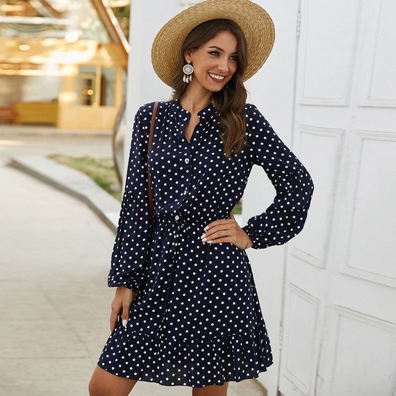 Fiona Navy Blue Polka Dot Long Sleeve Mini Dress / Summer to - Etsy Hong  Kong